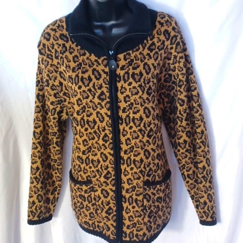 Tally-Ho LEOPARD ACRYLIC ZIP CARDIGAN SWEATER  SZ M